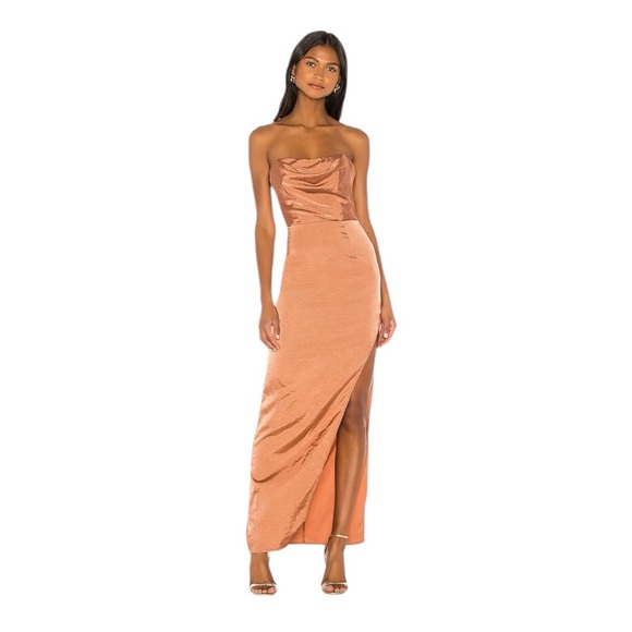 SuperDown x Revolve - Farah Satin Strapless Maxi Dress in Copper Sz M - Picture 1 of 9